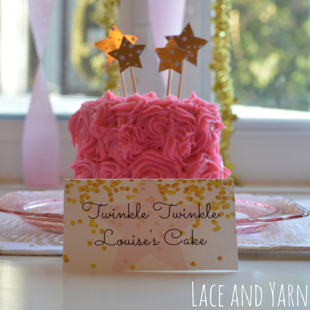 Twinkle Twinkle Little Star pink and gold party smash cake -- by laceandyarn.com